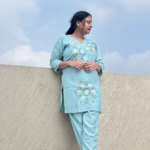 Elegant Sky Blue Embroidered Cotton Kurta Set