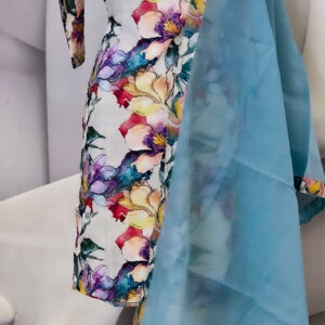 Floral Elegance Cotton Kurta Set with Sky Blue Dupatta