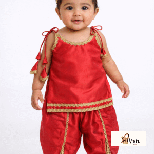 Little Radha Red Satin Dhoti Set: Festive Charm