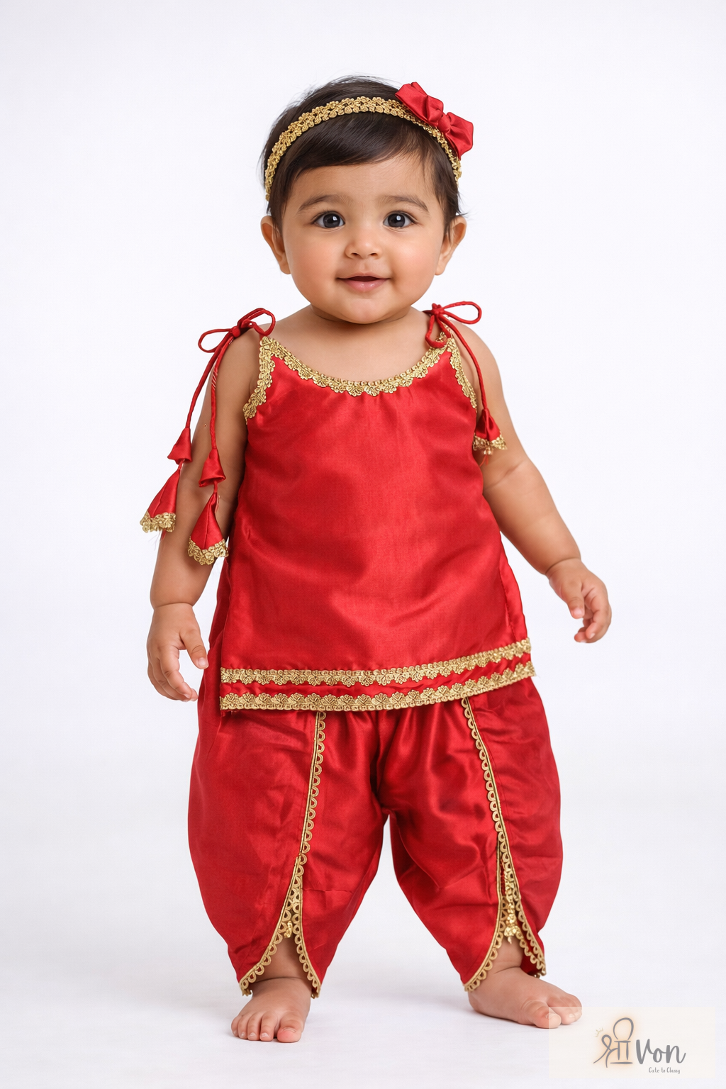 Little Radha Red Satin Dhoti Set: Festive Charm