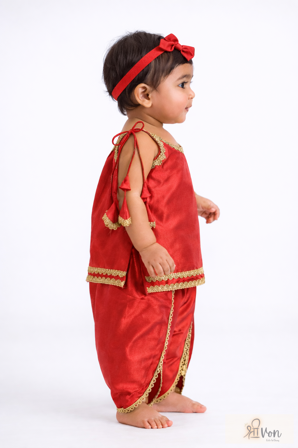 Little Radha Red Satin Dhoti Set: Festive Charm - Image 2