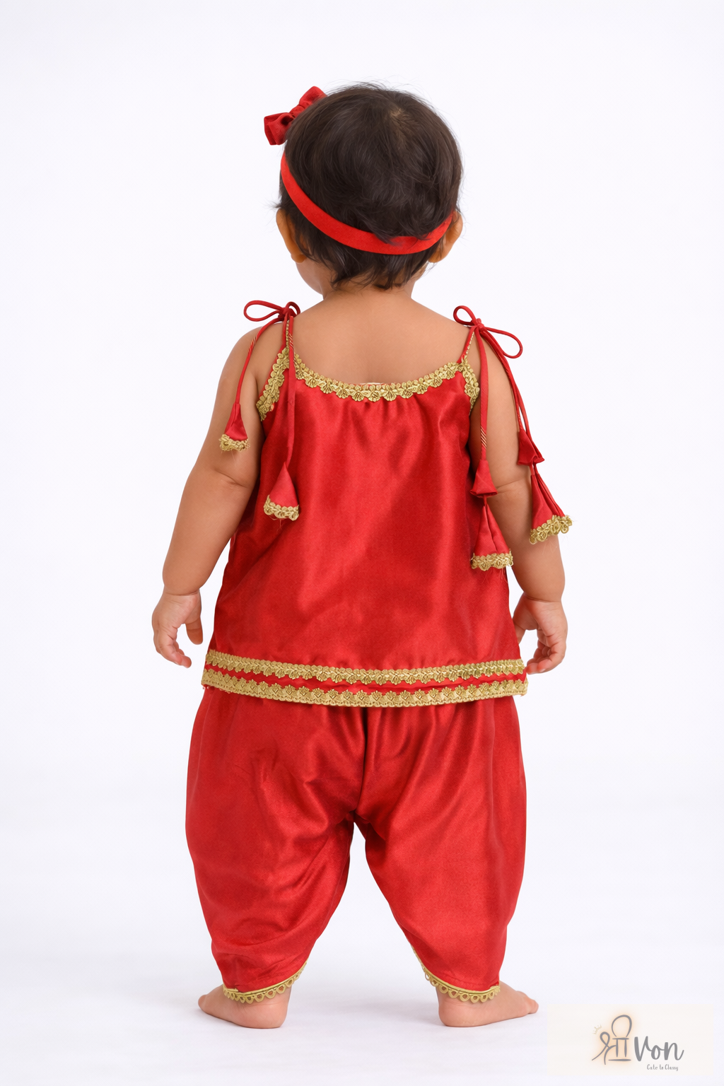 Little Radha Red Satin Dhoti Set: Festive Charm - Image 5
