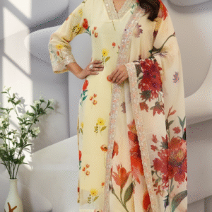 Elegant Floral Printed Organza Suit Set with Embellished Dupatta