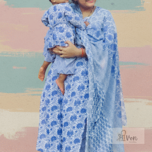 Mother-Daughter Matching Outfit – Blue Floral Print Cotton Combo