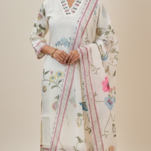 Ivory Floral Printed Kurta, Trouser & Dupatta Set.