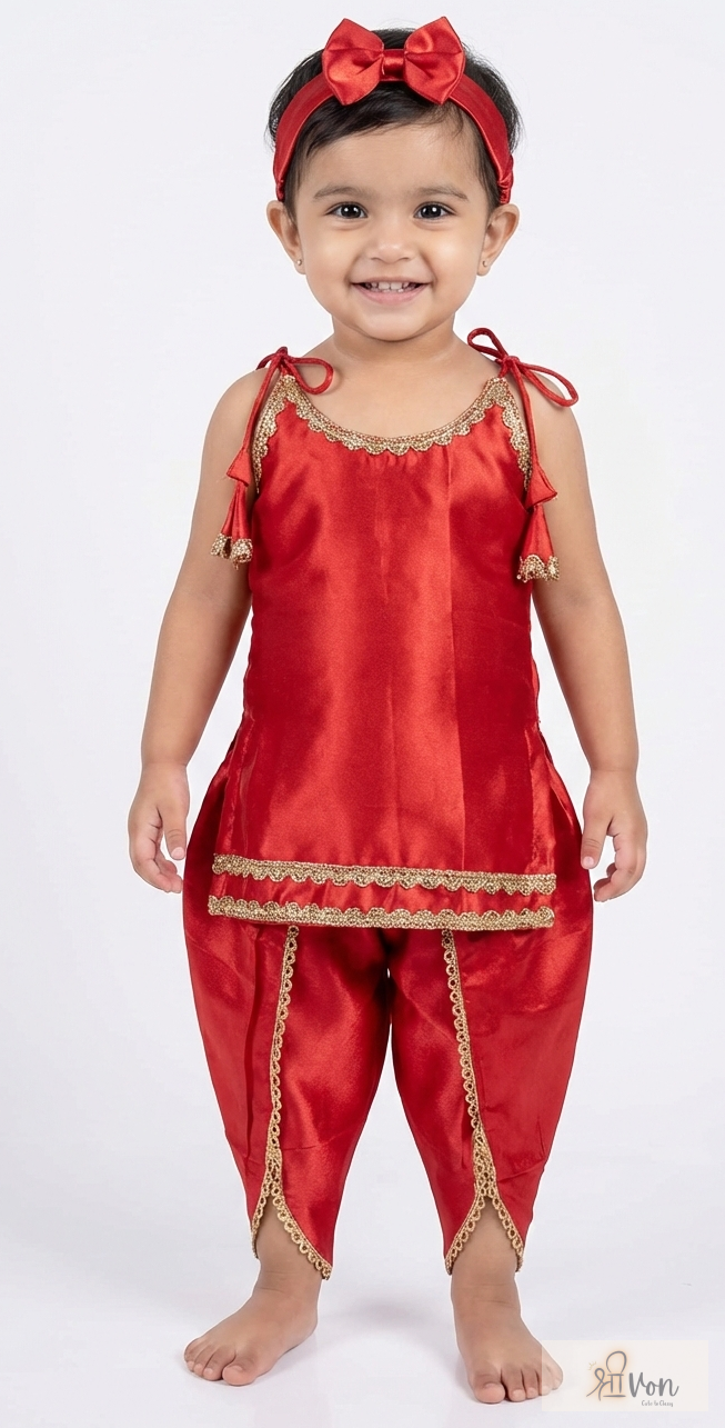 Little Radha Red Satin Dhoti Set: Festive Charm - Image 3