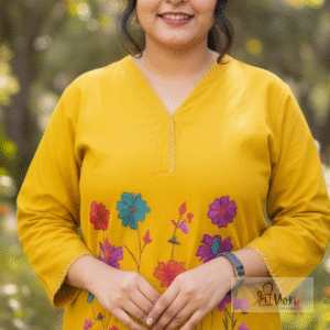 Vibrant Mustard Yellow Embroidered Cotton Kurta Set | Floral Design