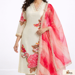 Ivory Floral Viscose Rayon Kurta Set with Embellished Dupatta