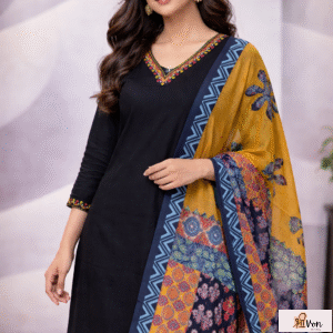Midnight Patchwork Aura – Embroidered Cotton Ethnic Suit with Dupatta