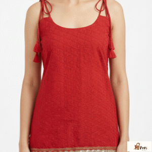 Red Cotton Embroidered Tie-Up Kurti Top