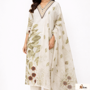 Off-White Printed Cotton Blend Kurta Set with Dupatta (3-Piece)