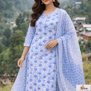 Handcrafted Blue Printed Cotton Kurta Set with Dupatta