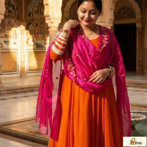 Women Orange Georgette Flared Ethnic Dress with Dupatta