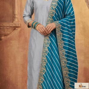 Elegant Sky Blue Kurta Set with Embroidered Dupatta & Trousers