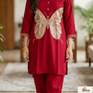Royal Crimson Butterfly Cotton Silk Co-ord Set