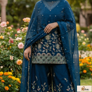 Women Blue Embroidered Cotton Silk Kurta Set with Dupatta